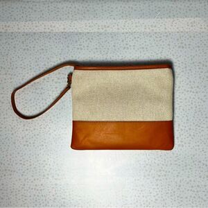 Gigi New York Brown Leather & Canvas Wristlet Pouch Clutch